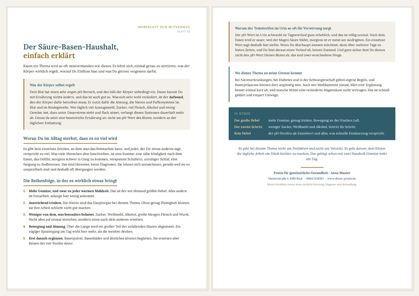 Beispiel-Merkblatt Säure-Basen-Haushalt, beide Seiten, in der Farbwelt Teal und Gold