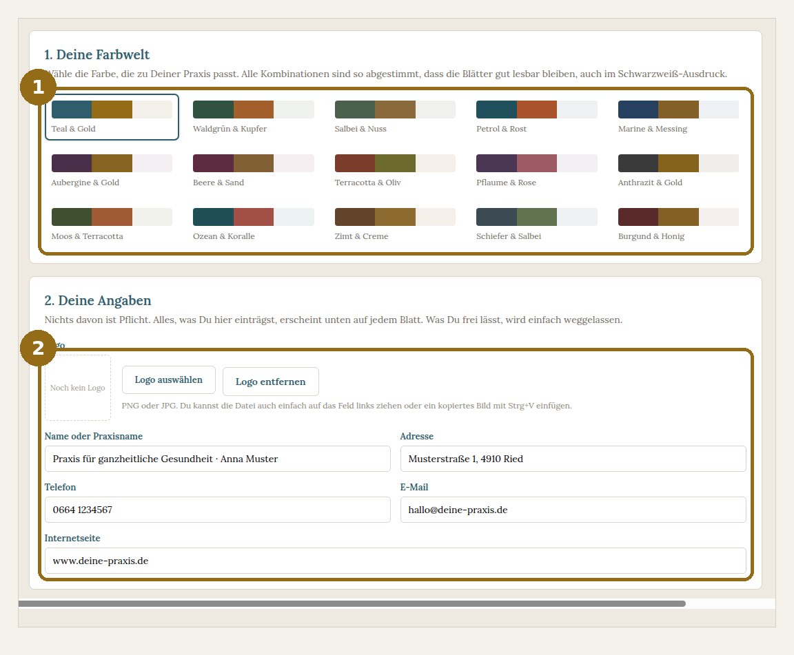 Schritt 1 im Merkblätter-Tool: Farbe wählen, Logo hochladen und Kontaktdaten eintragen