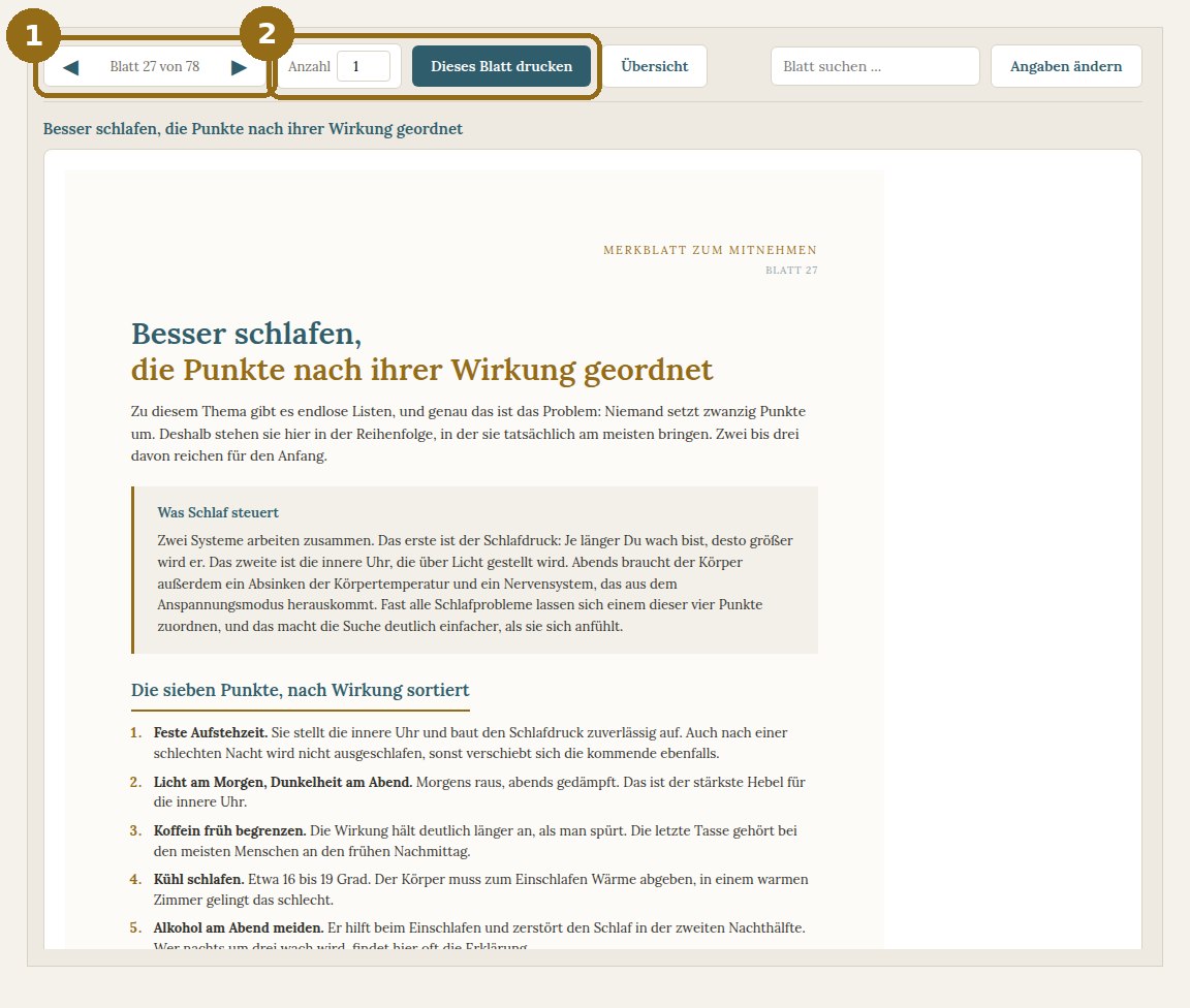 Schritt 3 im Merkblätter-Tool: Blatt auswählen, Anzahl festlegen und drucken